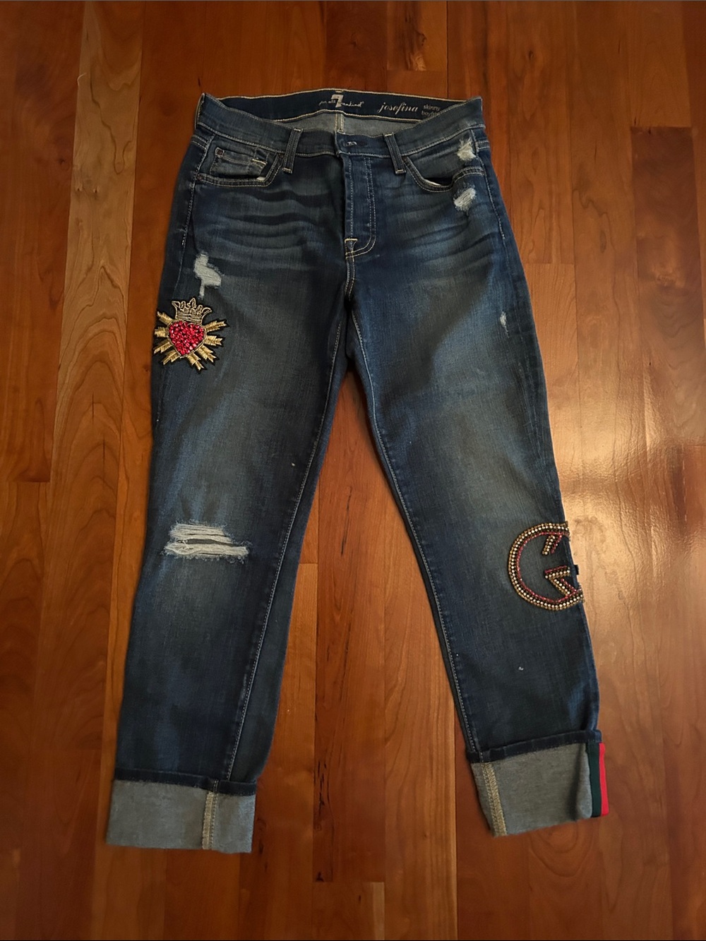 7 For All Mankind Dark Blue Boyfriend Jeans with Embellished Patches